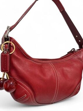 Coach Red Leather Hobo Shoulder Bag with Cherry Charm